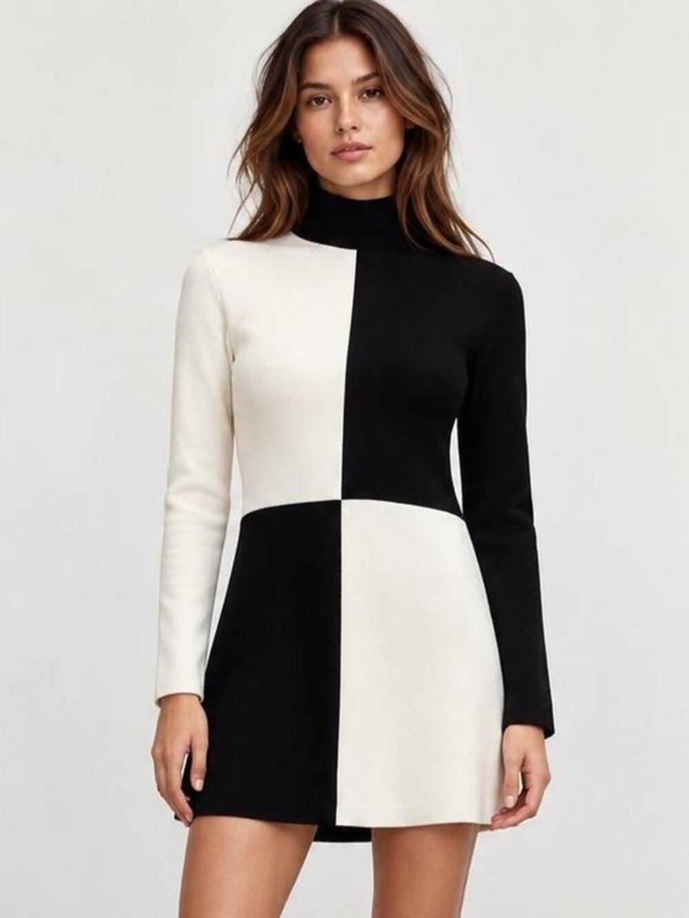 ZARA Black & White Colorblock Mock Neck Knit Mini Dress | Size M